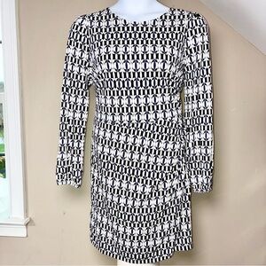 Boden Faux Wrap Dress Geometric Print Long Sleeve Black Navy White US 16/18 NWT